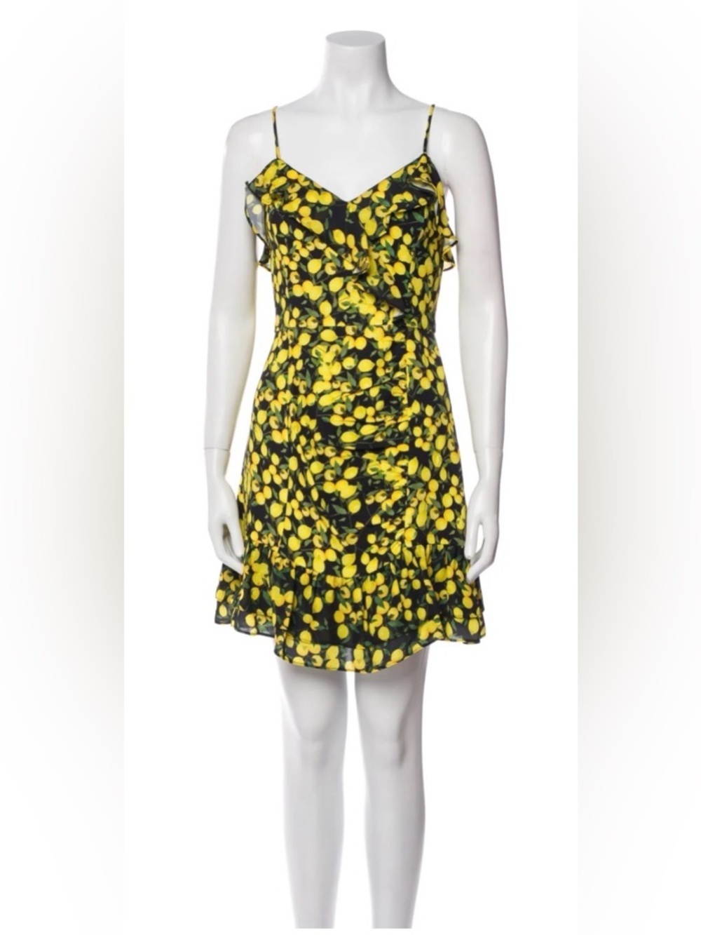 Parker Yellow Black Green Lemon-Print Mini Ruffle Dress Spaghetti Straps